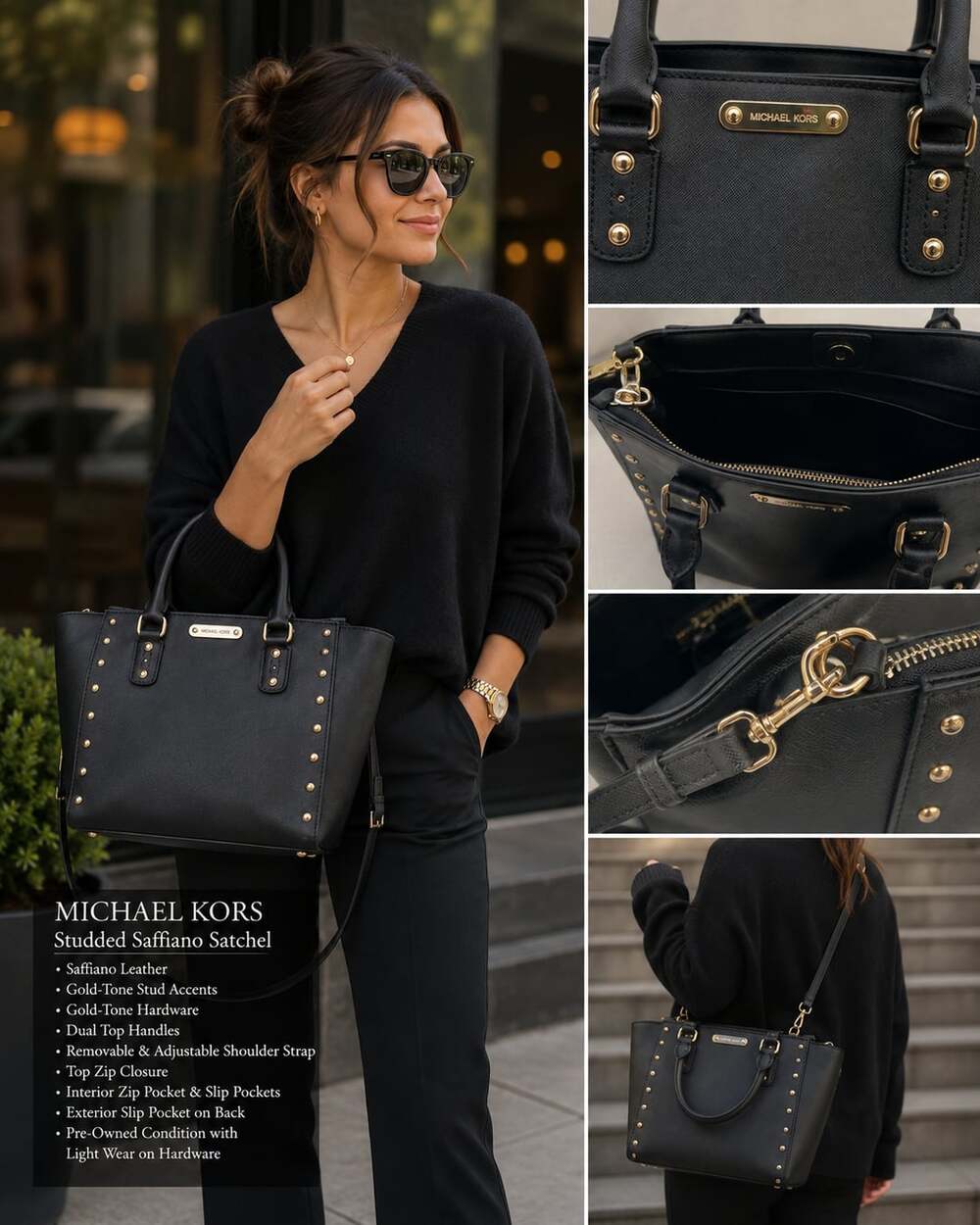 Michael Kors Black Saffiano Leather Studded Sandrine Tote Bag